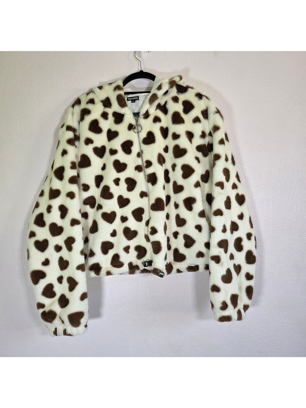 Free Haven Heart Print Faux Fur Jacket XL Cropped Zip Plush Cozy